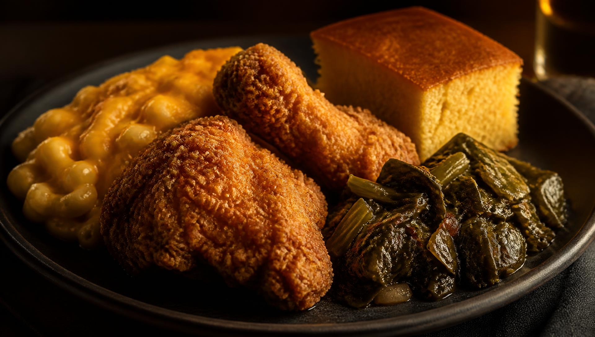 Soul food plate with fried chicken and cornbread