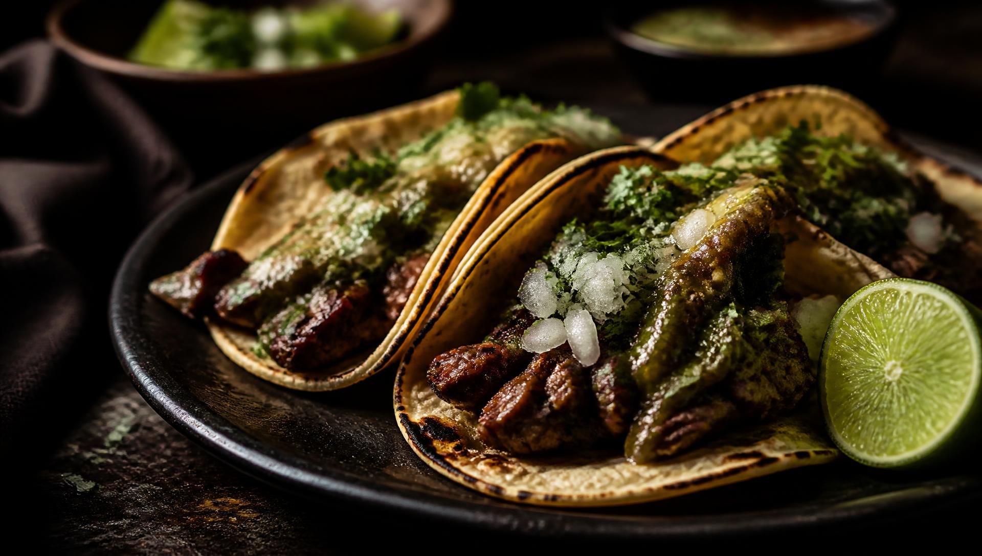 Street tacos on a dark plate