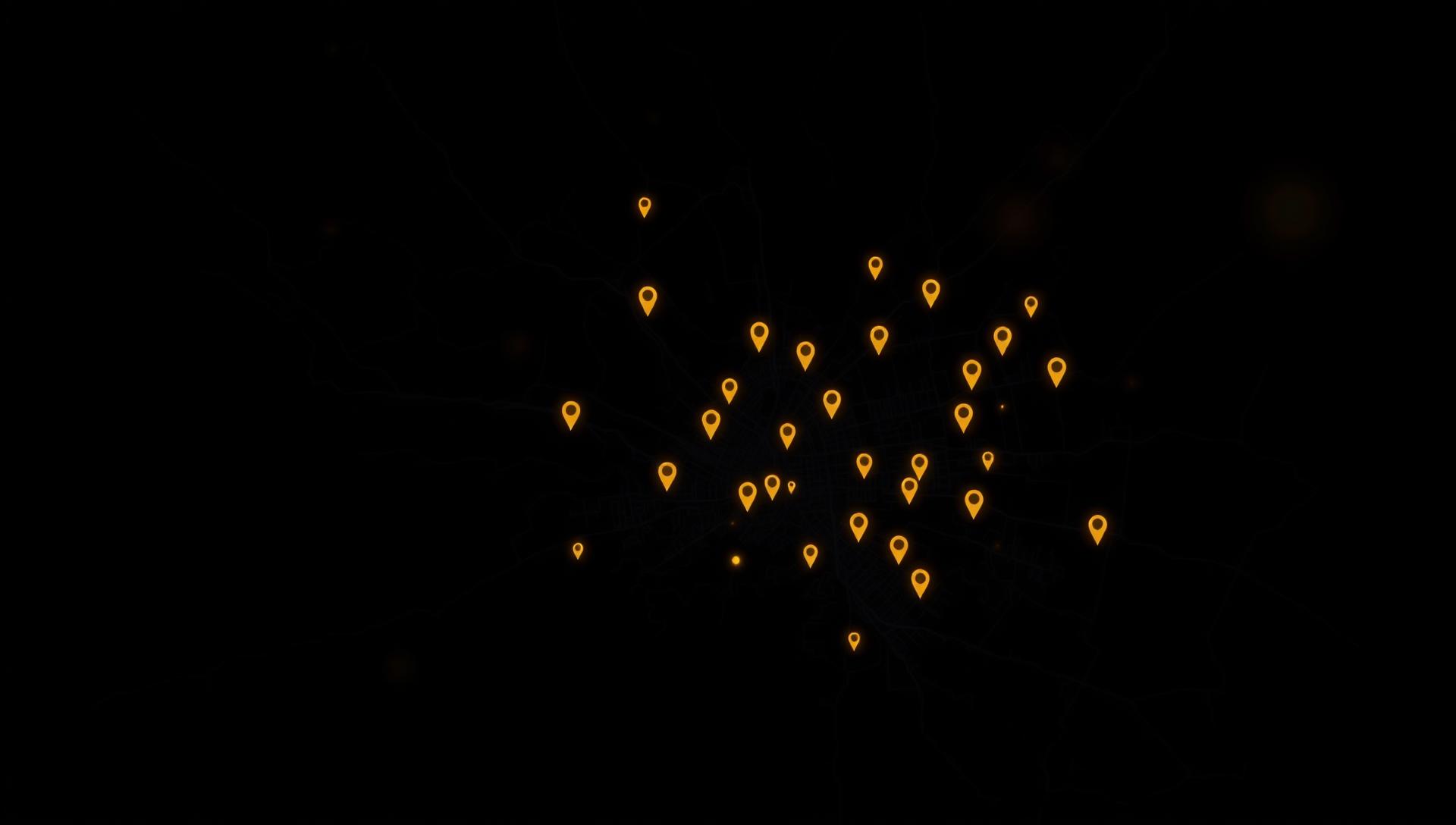 Dark stylized map of Los Angeles with glowing gold location pins